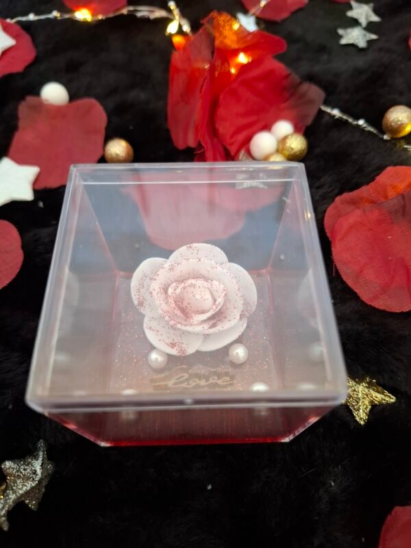 Petite boîte raffinée aux nuances rouges et blanches, cadeau unique plein de douceur.