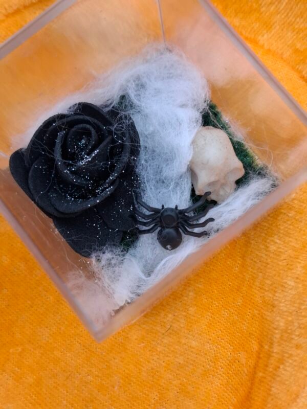 mini-pelouse-ruban-perle-personnalisation-toile-2.jpg Mini-boîte carrée avec décor gothique, araignée et paillettes pour un effet envoûtant.