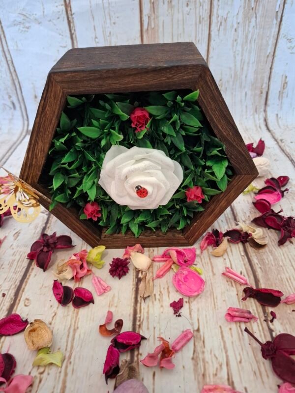 Une coccinelle miniature est posée sur la fleur, ajoutant une touche malicieuse et naturelle.